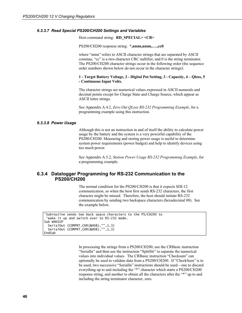 7 read special ps200/ch200 settings and variables, 8 power usage, Read special ps200/ch200 settings and variables | Power usage, Ps200/ch200 | Campbell Scientific PS200/CH200 12 V Charging Regulators User Manual | Page 54 / 104