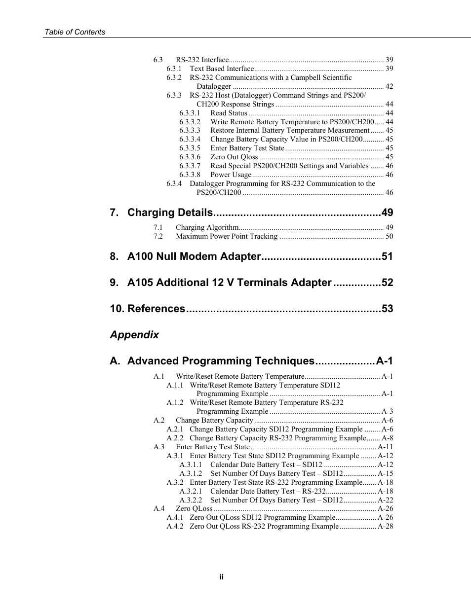 Charging details, A100 null modem adapter, References | Appendix a | Campbell Scientific PS200/CH200 12 V Charging Regulators User Manual | Page 6 / 104