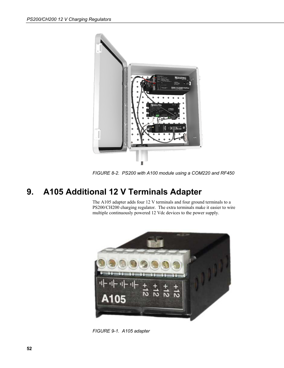 A105 additional 12 v terminals adapter, 2. ps200 with a100 module using a com220 and rf450, 1. a105 | Adapter | Campbell Scientific PS200/CH200 12 V Charging Regulators User Manual | Page 60 / 104