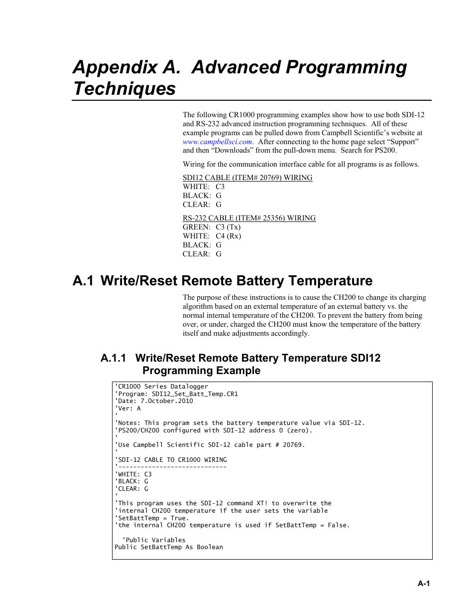 Appendix a. advanced programming techniques, A.1 write/reset remote battery temperature, A.1.1 | Write/reset remote battery temperature sdi12 | Campbell Scientific PS200/CH200 12 V Charging Regulators User Manual | Page 63 / 104