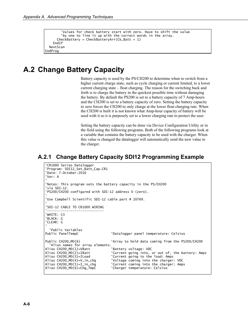 A.2 change battery capacity, A.2.1, And appendix a.2, change battery capacity , using | Campbell Scientific PS200/CH200 12 V Charging Regulators User Manual | Page 68 / 104
