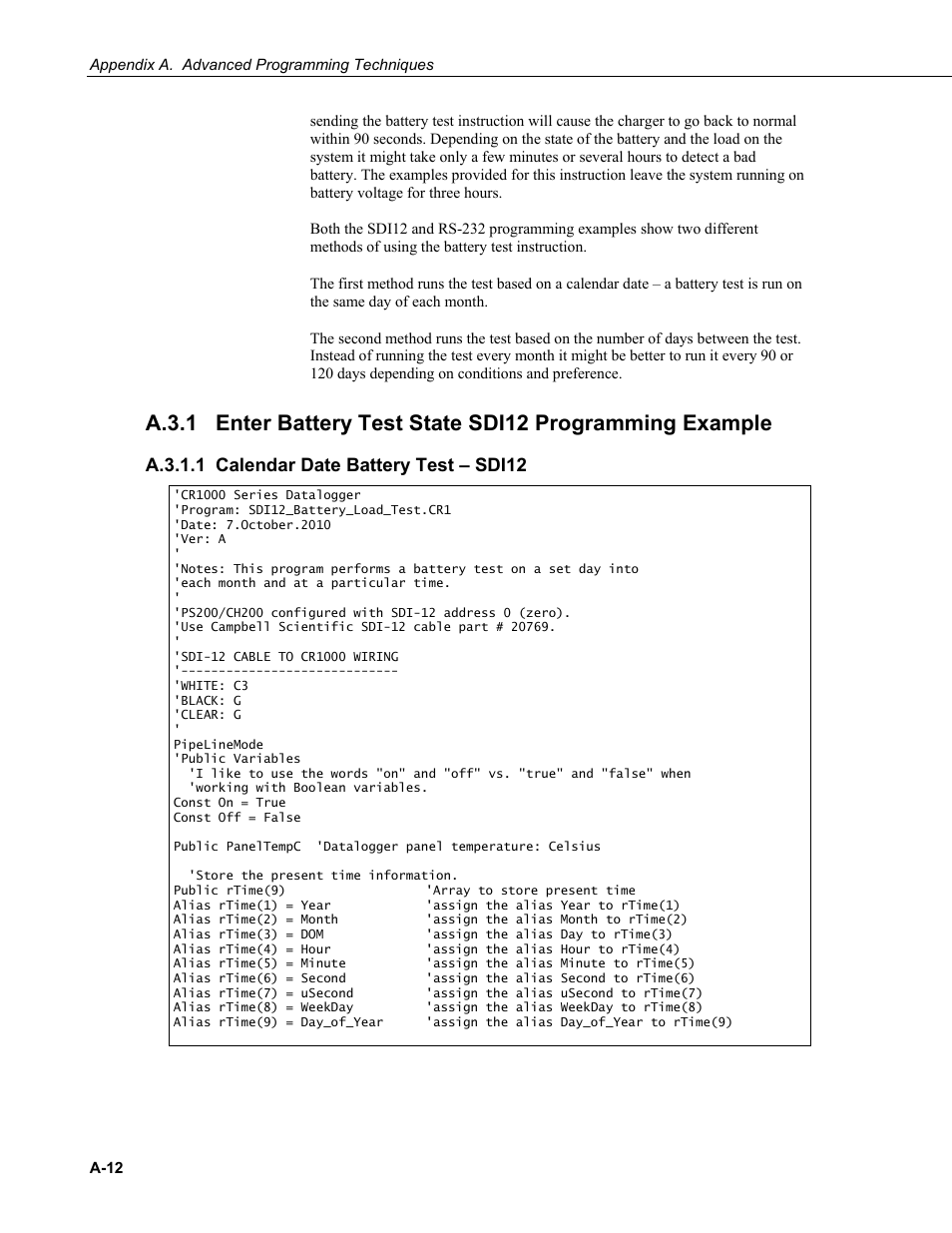 A.3.1.1 calendar date battery test – sdi12, A.3.1, A.3.1.1 | Campbell Scientific PS200/CH200 12 V Charging Regulators User Manual | Page 74 / 104