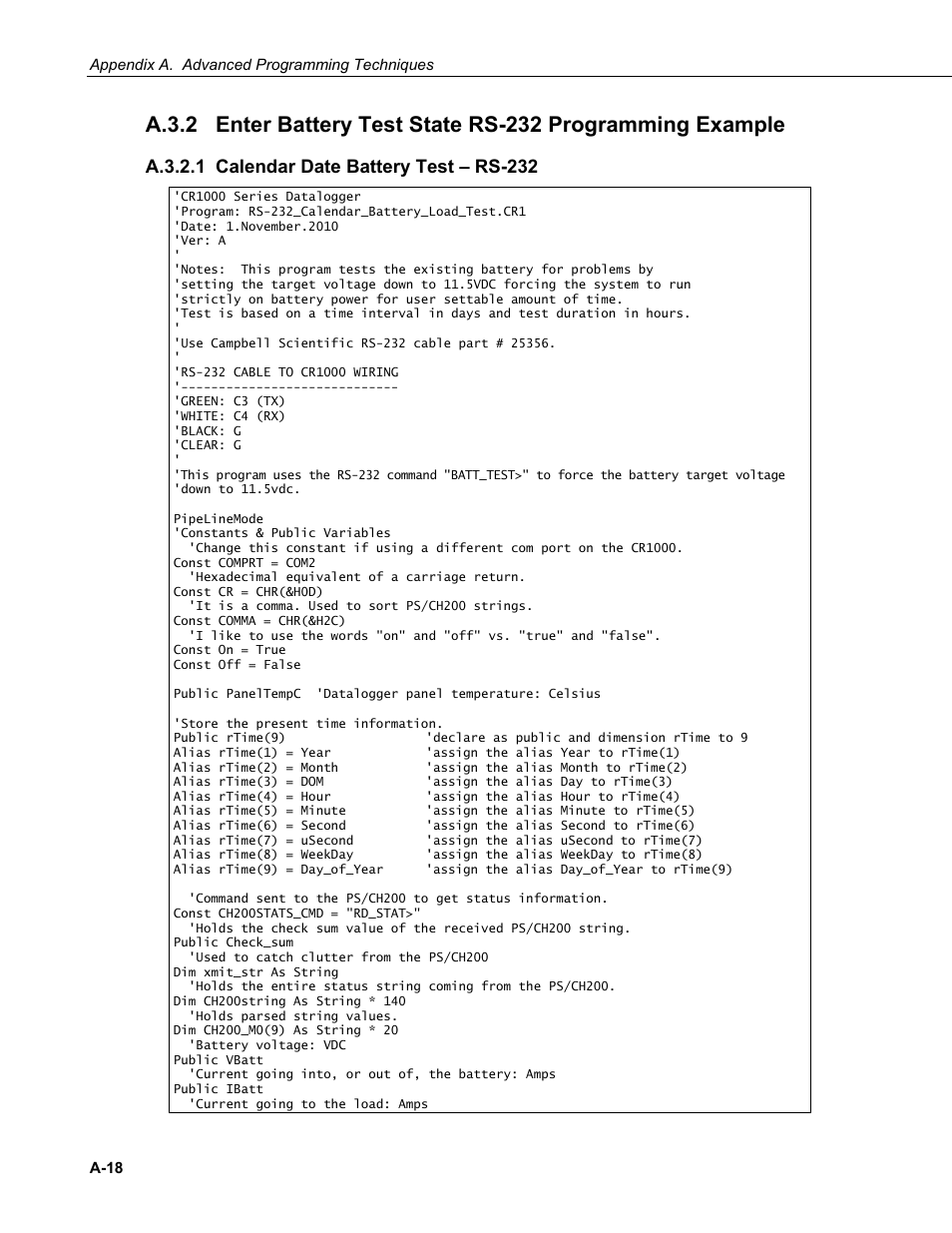 A.3.2.1 calendar date battery test – rs-232, A.3.2, A.3.2.1 | Campbell Scientific PS200/CH200 12 V Charging Regulators User Manual | Page 80 / 104