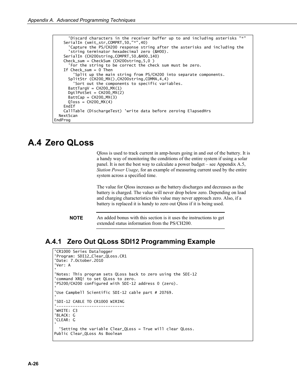 A.4 zero qloss, A.4.1 zero out qloss sdi12 programming example, A.4.1 | Campbell Scientific PS200/CH200 12 V Charging Regulators User Manual | Page 88 / 104