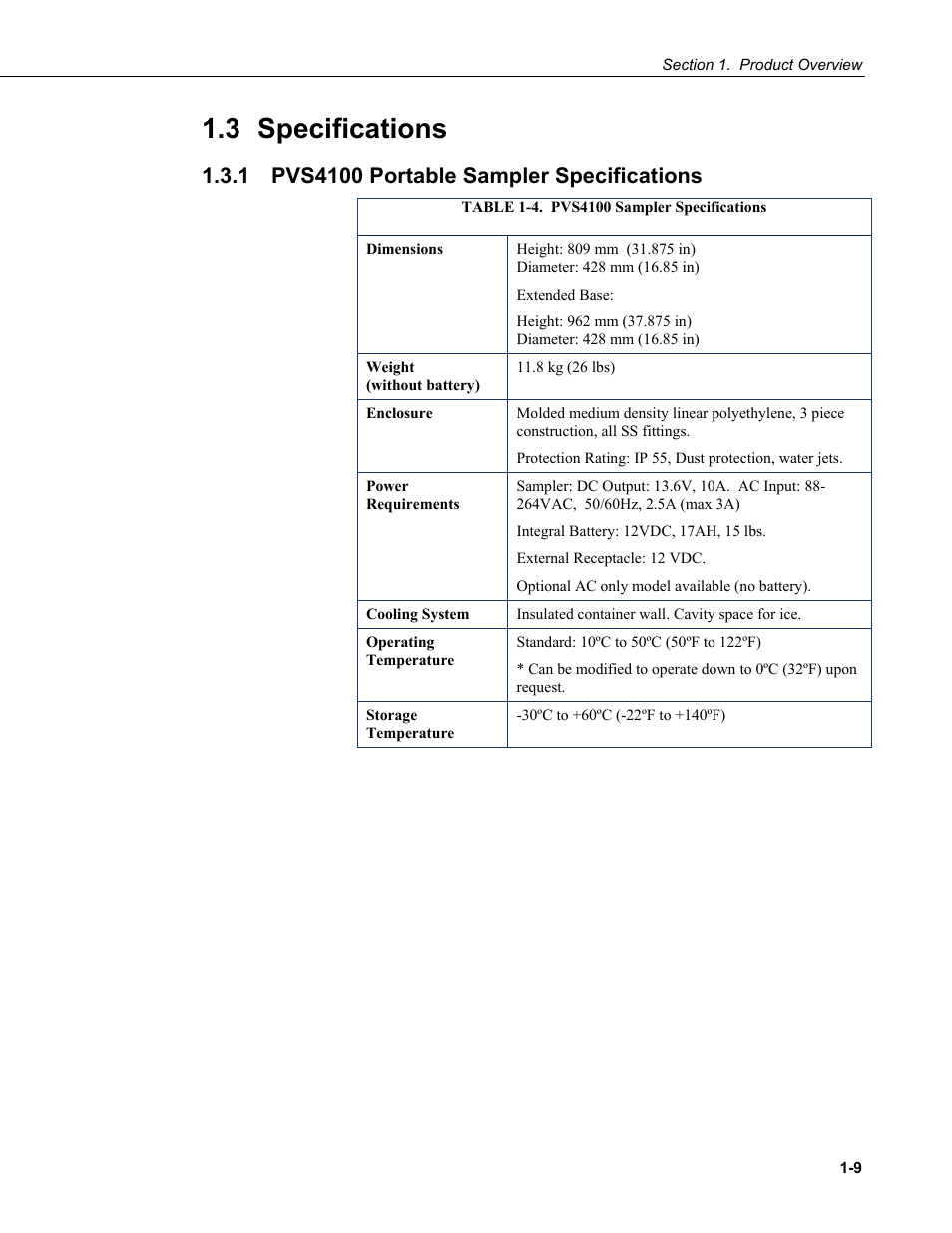 3 specifications, 1 pvs4100 portable sampler specifications, Specifications -9 | Pvs4100 portable sampler specifications -9, 4. pvs4100 sampler specifications -9 | Campbell Scientific PVS4100/4120/4150 Portable Automatic Samplers User Manual | Page 17 / 96