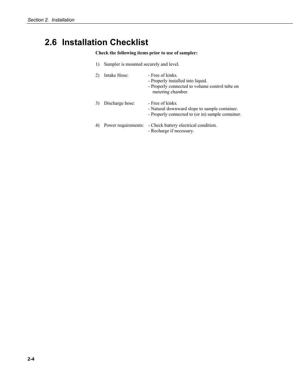 6 installation checklist, Installation checklist -4 | Campbell Scientific PVS4100/4120/4150 Portable Automatic Samplers User Manual | Page 30 / 96