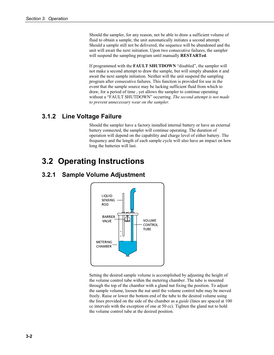 2 line voltage failure, 2 operating instructions, 1 sample volume adjustment | Line voltage failure -2, Operating instructions -2, Sample volume adjustment -2 | Campbell Scientific PVS4100/4120/4150 Portable Automatic Samplers User Manual | Page 32 / 96