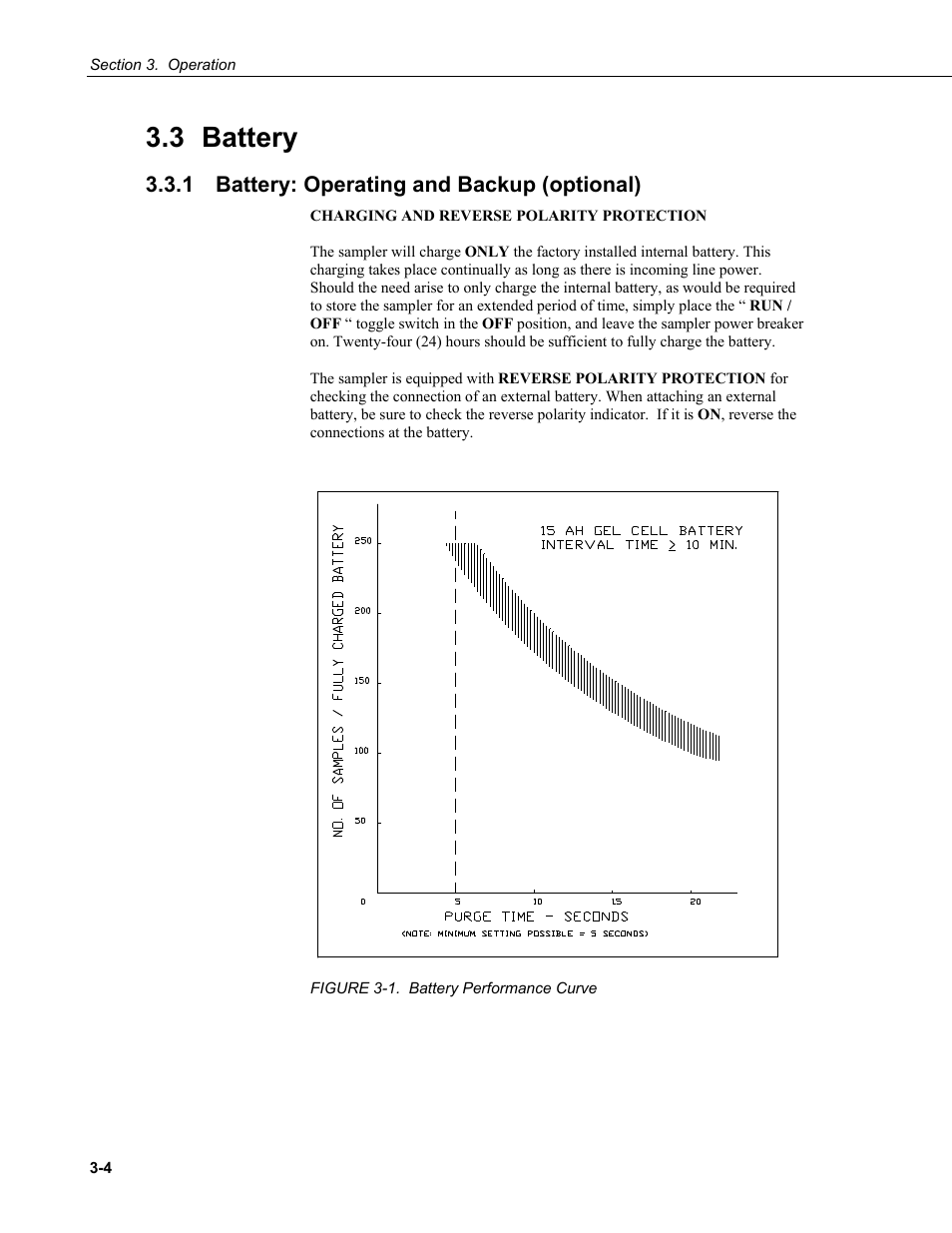 3 battery, 1 battery: operating and backup (optional), Battery -4 | Battery: operating and backup (optional) -4, 1. battery performance curve -4 | Campbell Scientific PVS4100/4120/4150 Portable Automatic Samplers User Manual | Page 34 / 96