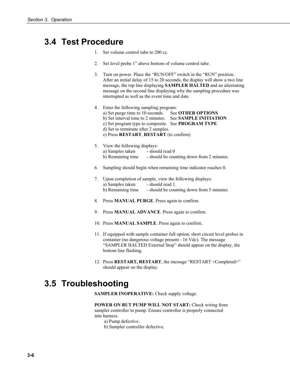 4 test procedure, 5 troubleshooting, Test procedure -6 | Troubleshooting -6 | Campbell Scientific PVS4100/4120/4150 Portable Automatic Samplers User Manual | Page 36 / 96