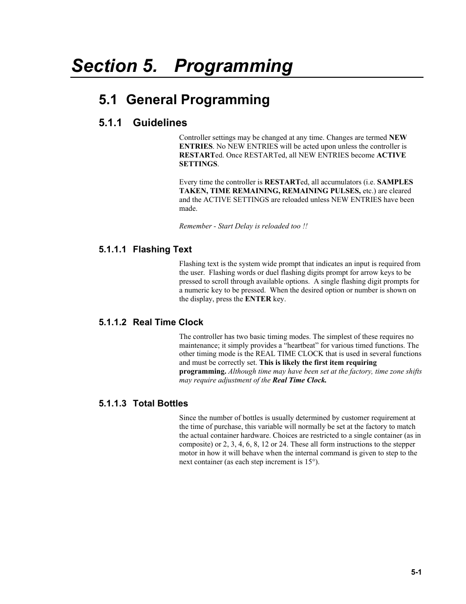 Section 5. programming, 1 general programming, 1 guidelines | 1 flashing text, 2 real time clock, 3 total bottles, Programming -1, General programming -1, Guidelines -1, 1 flashing | Campbell Scientific PVS4100/4120/4150 Portable Automatic Samplers User Manual | Page 41 / 96