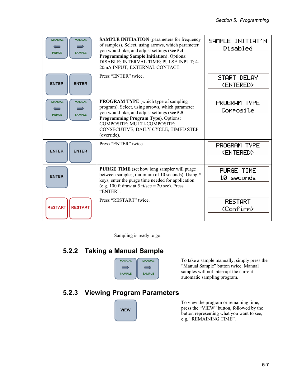 2 taking a manual sample, 3 viewing program parameters, Taking a manual sample -7 | Viewing program parameters -7 | Campbell Scientific PVS4100/4120/4150 Portable Automatic Samplers User Manual | Page 47 / 96