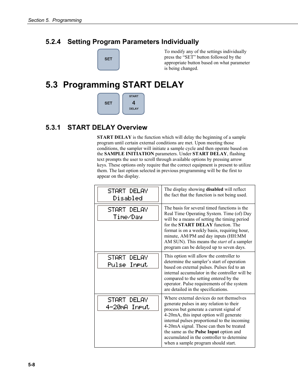 4 setting program parameters individually, 3 programming start delay, 1 start delay overview | Setting program parameters individually -8, Programming start delay -8, Start delay overview -8 | Campbell Scientific PVS4100/4120/4150 Portable Automatic Samplers User Manual | Page 48 / 96