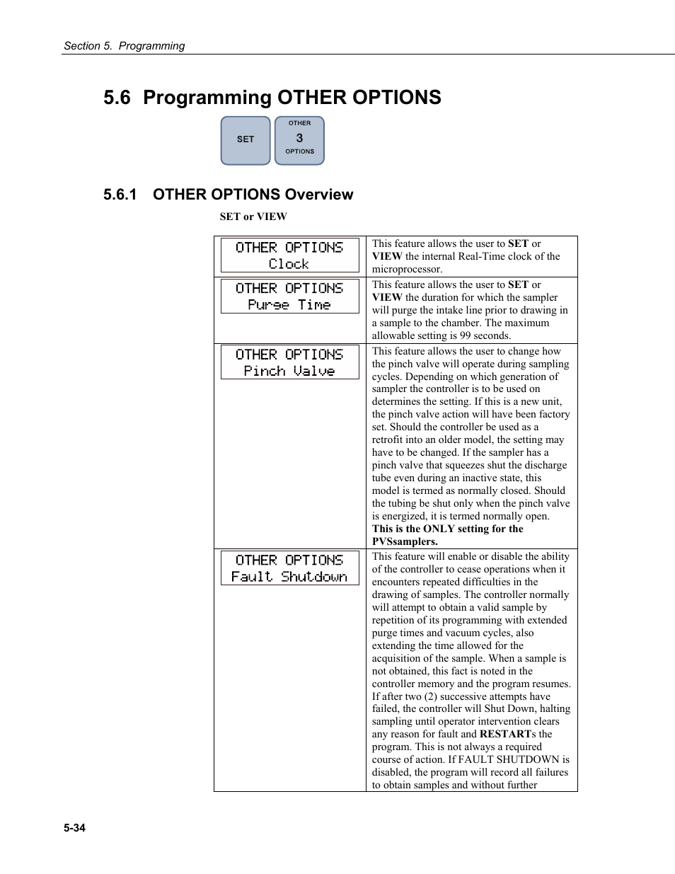 6 programming other options, 1 other options overview, Programming other options -34 | Other options overview -34 | Campbell Scientific PVS4100/4120/4150 Portable Automatic Samplers User Manual | Page 74 / 96