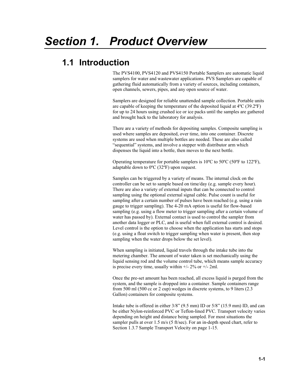 Section 1. product overview, 1 introduction, Product overview -1 | Introduction -1 | Campbell Scientific PVS4100/4120/4150 Portable Automatic Samplers User Manual | Page 9 / 96