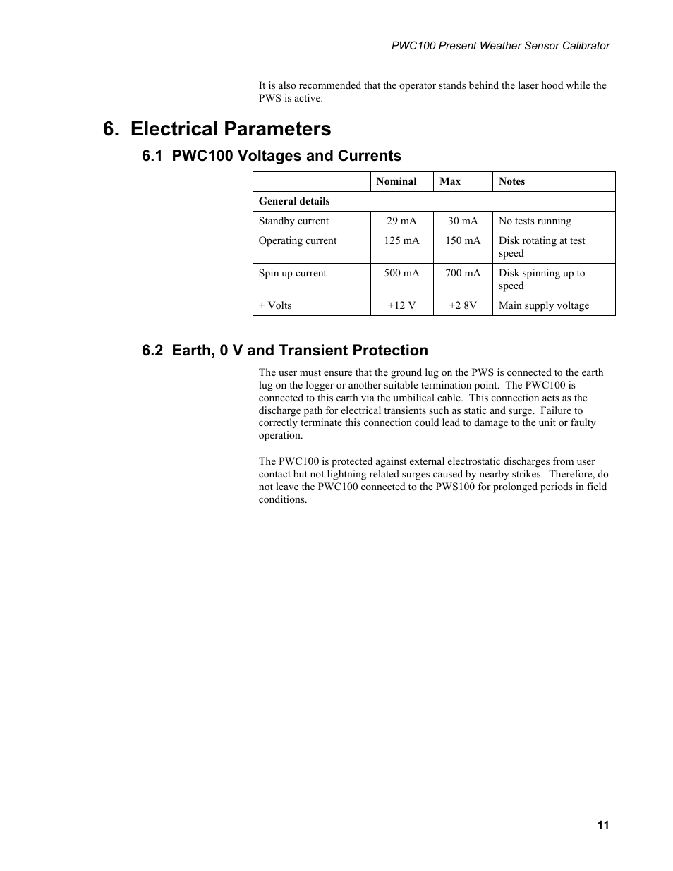 Electrical parameters, 1 pwc100 voltages and currents, 2 earth, 0 v and transient protection | Campbell Scientific PWC100 Present Weather Sensor Calibrator User Manual | Page 17 / 22