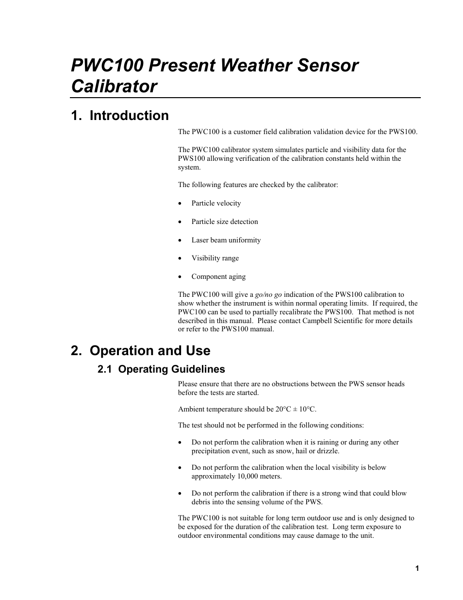Pwc100 present weather sensor calibrator, Introduction, Operation and use | 1 operating guidelines | Campbell Scientific PWC100 Present Weather Sensor Calibrator User Manual | Page 7 / 22
