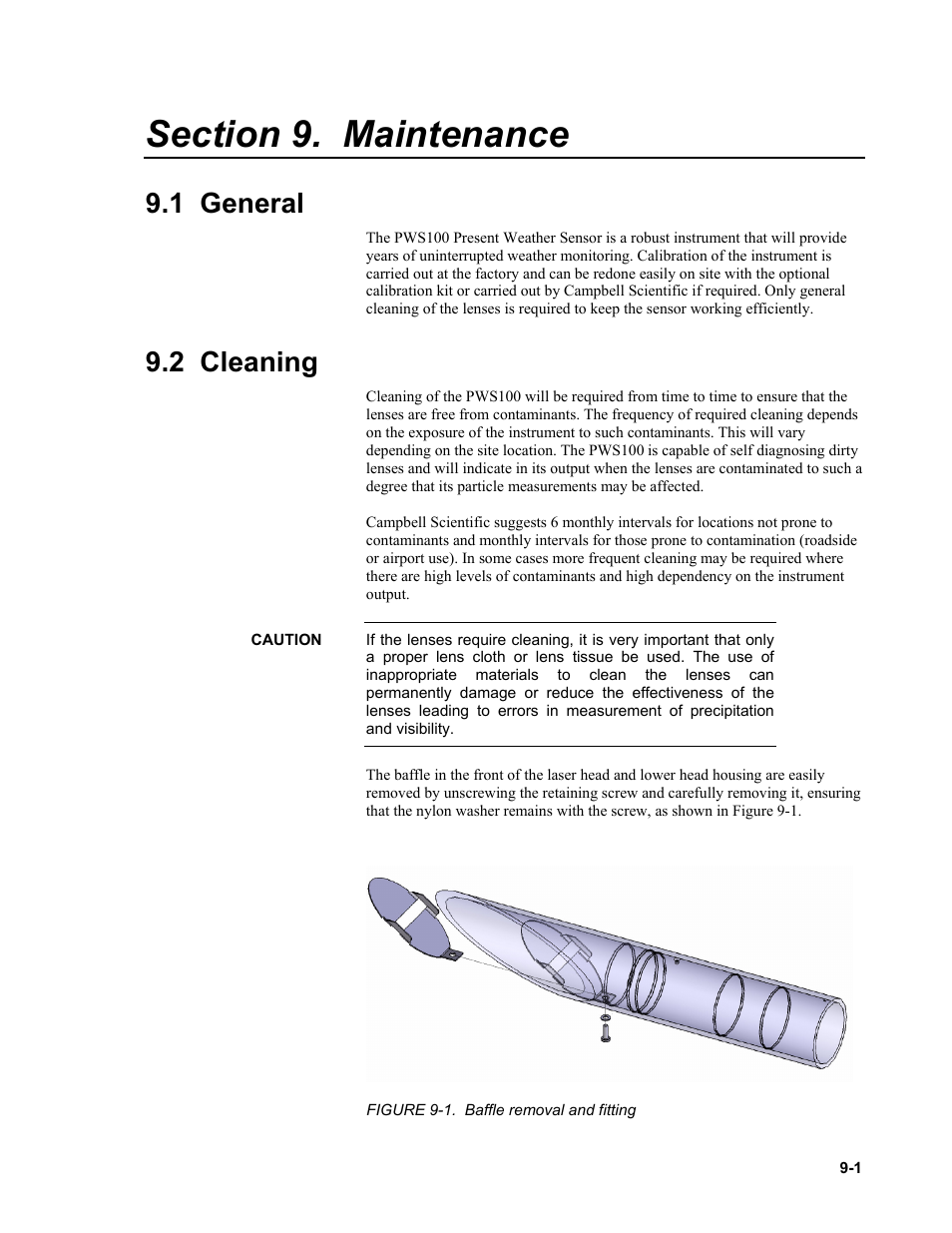 Section 9. maintenance, 1 general, 2 cleaning | Campbell Scientific PWS100 Present Weather Sensor User Manual | Page 101 / 134