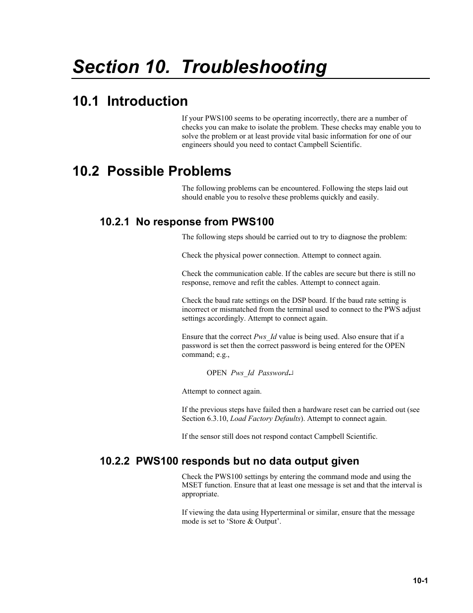 Section 10. troubleshooting, 1 introduction, 2 possible problems | 1 no response from pws100, 2 pws100 responds but no data output given | Campbell Scientific PWS100 Present Weather Sensor User Manual | Page 103 / 134