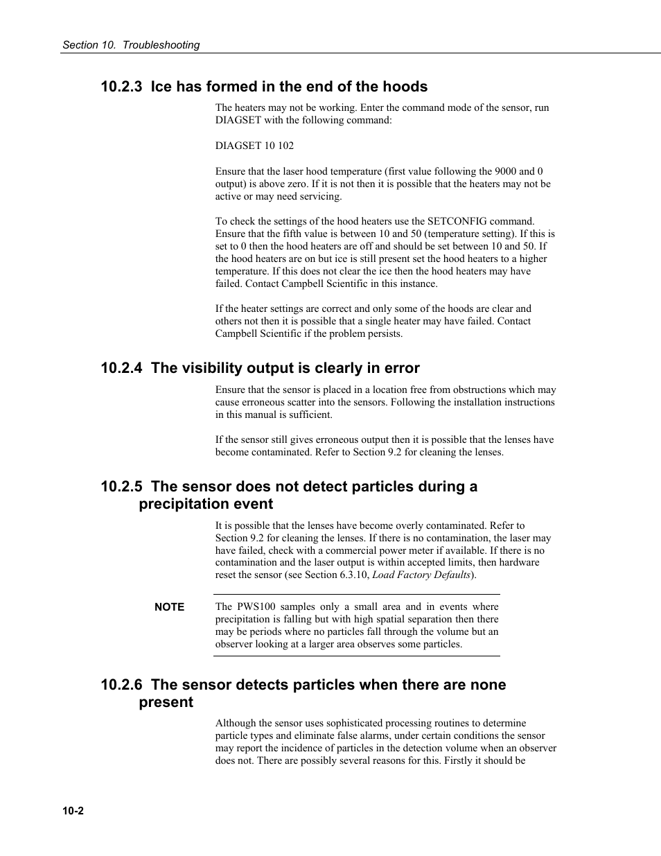 3 ice has formed in the end of the hoods, 4 the visibility output is clearly in error | Campbell Scientific PWS100 Present Weather Sensor User Manual | Page 104 / 134