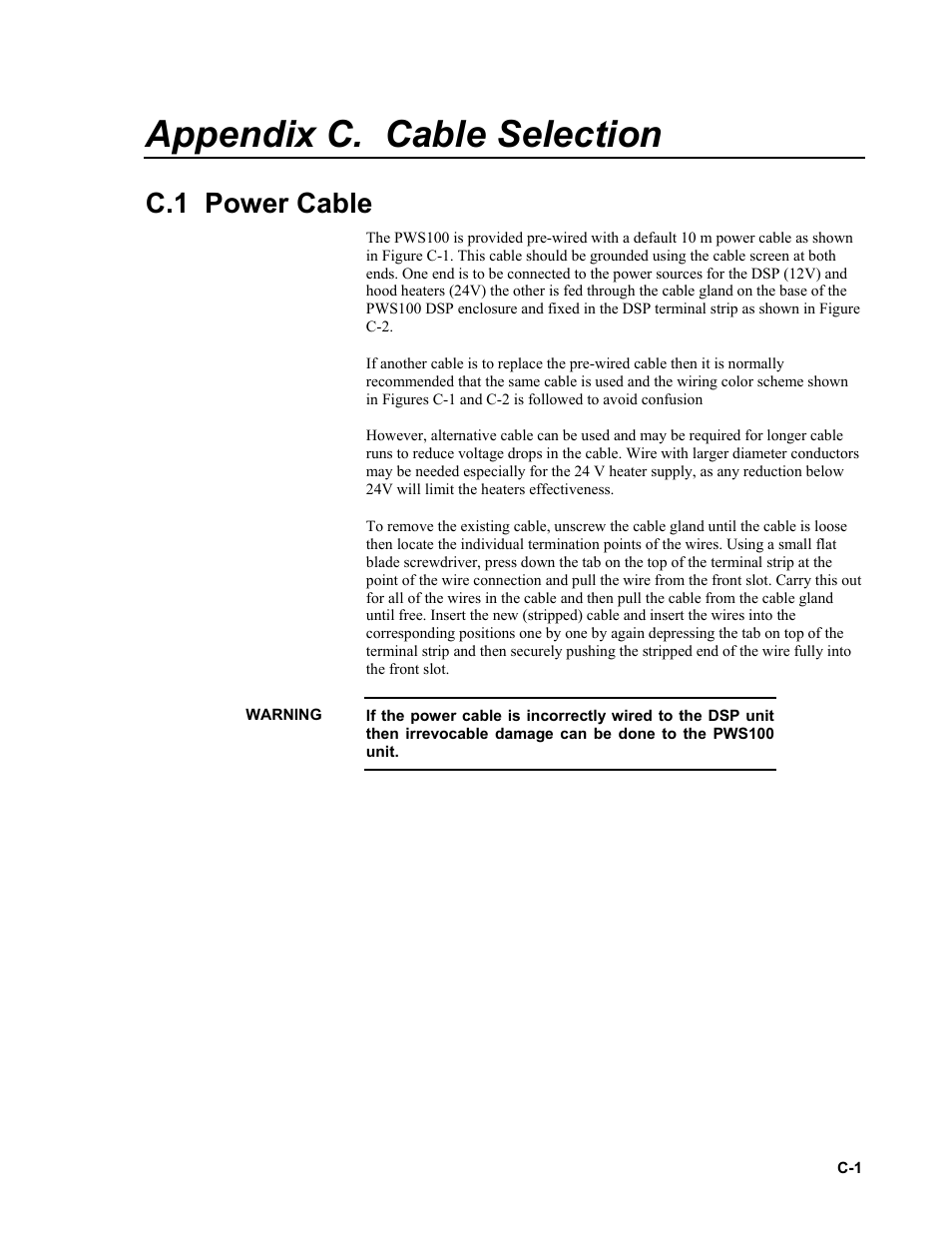 Appendix c. cable selection, C.1 power cable | Campbell Scientific PWS100 Present Weather Sensor User Manual | Page 119 / 134