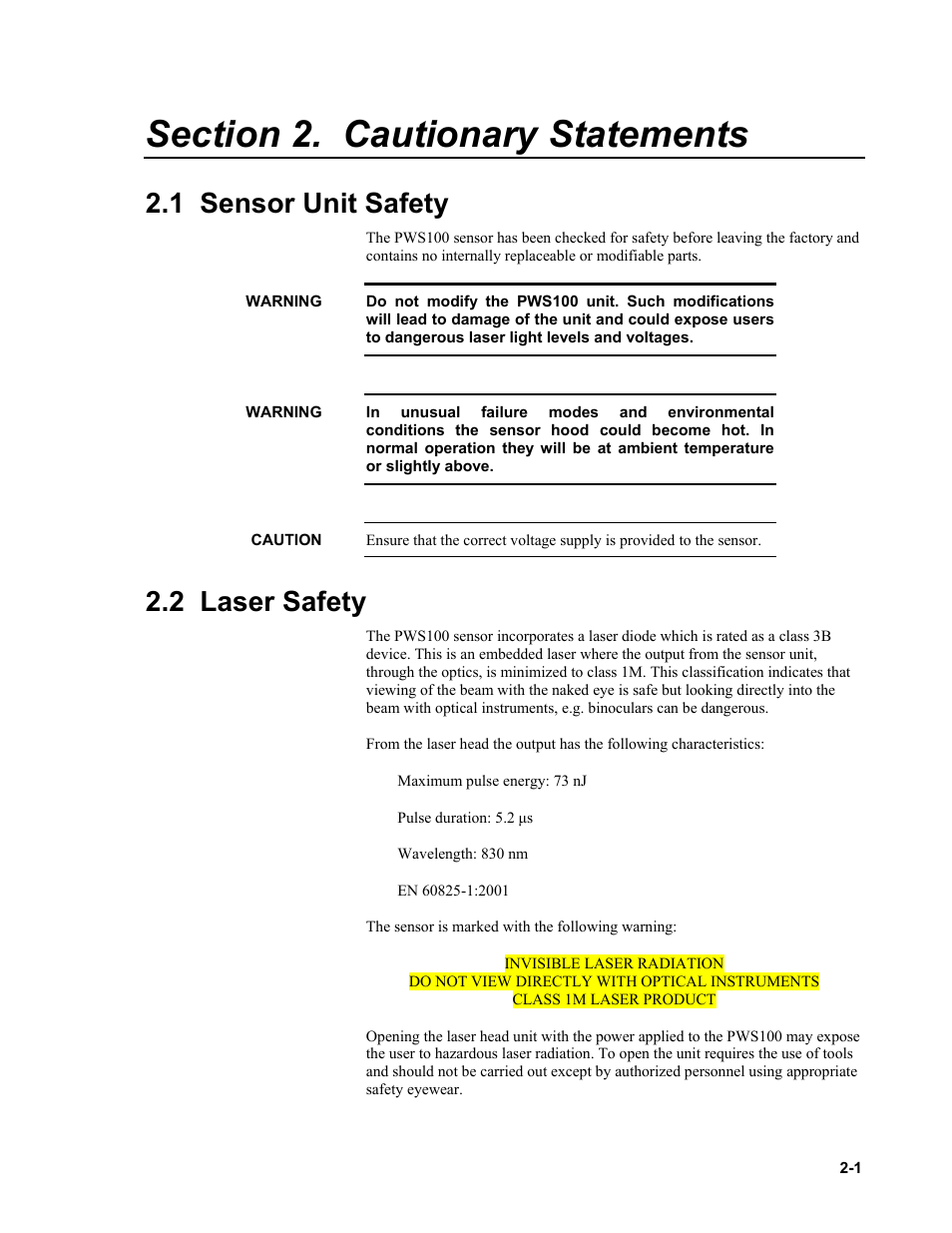 Section 2. cautionary statements, 1 sensor unit safety, 2 laser safety | Campbell Scientific PWS100 Present Weather Sensor User Manual | Page 13 / 134