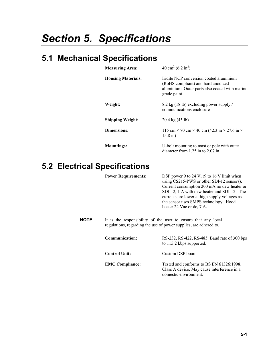 Section 5. specifications, 1 mechanical specifications, 2 electrical specifications | Campbell Scientific PWS100 Present Weather Sensor User Manual | Page 19 / 134