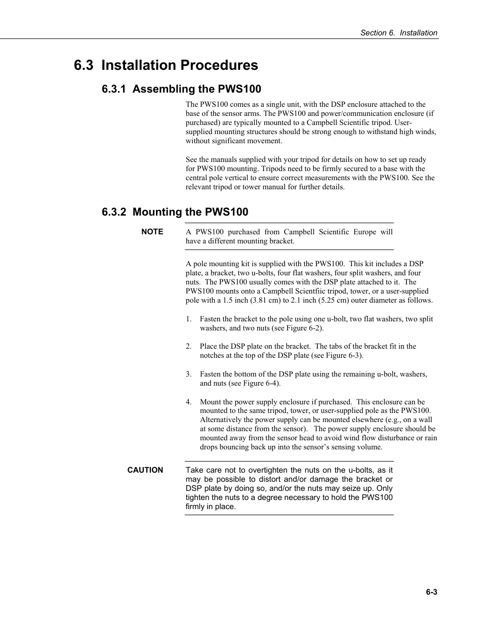 3 installation procedures, 1 assembling the pws100, 2 mounting the pws100 | Campbell Scientific PWS100 Present Weather Sensor User Manual | Page 25 / 134