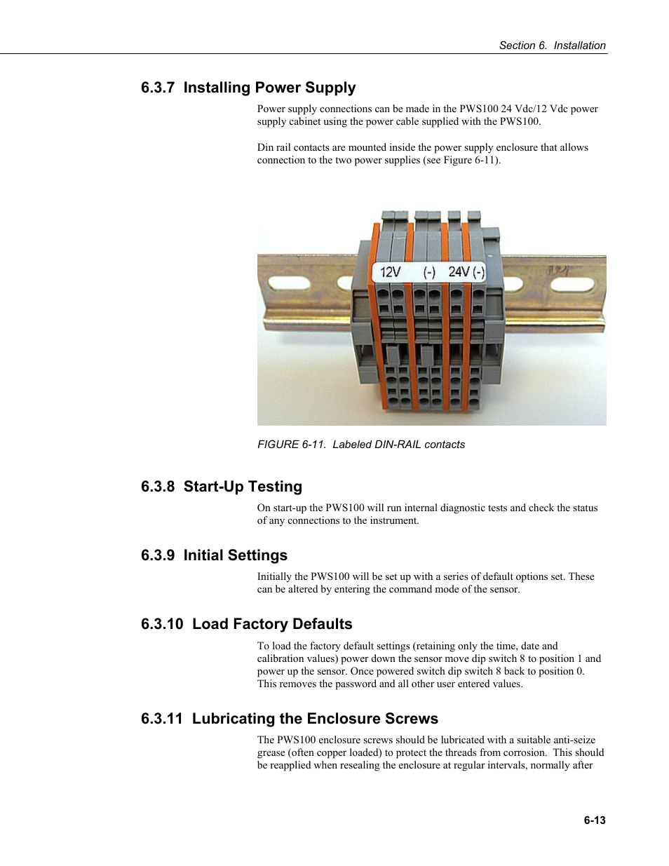 7 installing power supply, 8 start-up testing, 9 initial settings | 10 load factory defaults, 11 lubricating the enclosure screws | Campbell Scientific PWS100 Present Weather Sensor User Manual | Page 35 / 134