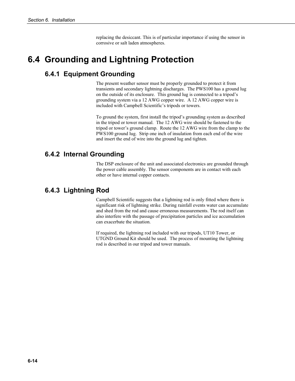 4 grounding and lightning protection, 1 equipment grounding, 2 internal grounding | 3 lightning rod | Campbell Scientific PWS100 Present Weather Sensor User Manual | Page 36 / 134