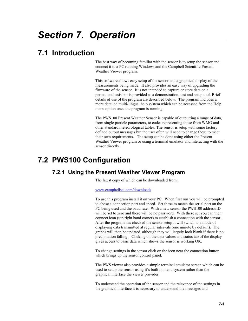 Section 7. operation, 1 introduction, 2 pws100 configuration | 1 using the present weather viewer program | Campbell Scientific PWS100 Present Weather Sensor User Manual | Page 37 / 134