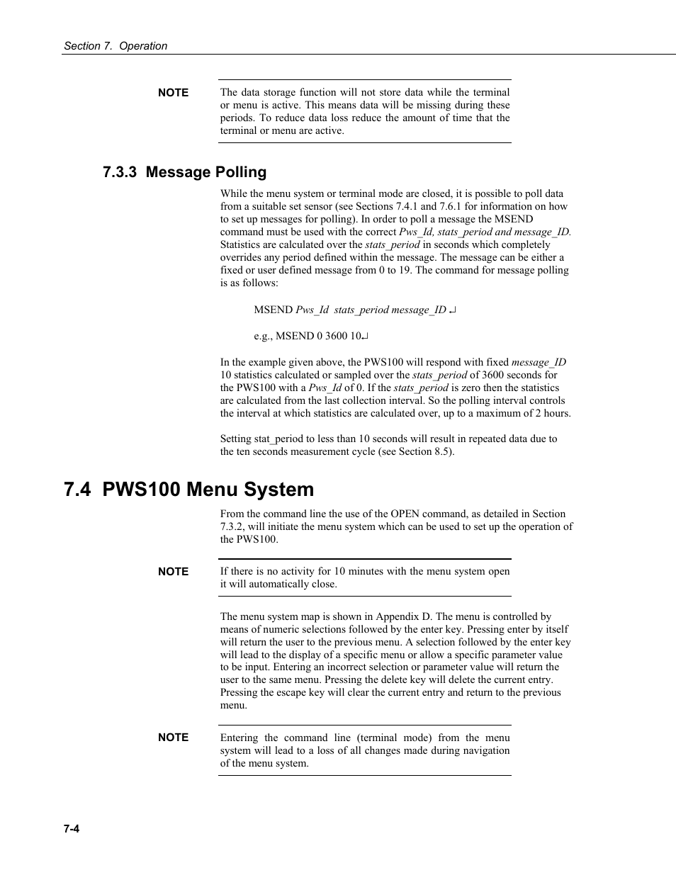 3 message polling, 4 pws100 menu system | Campbell Scientific PWS100 Present Weather Sensor User Manual | Page 40 / 134