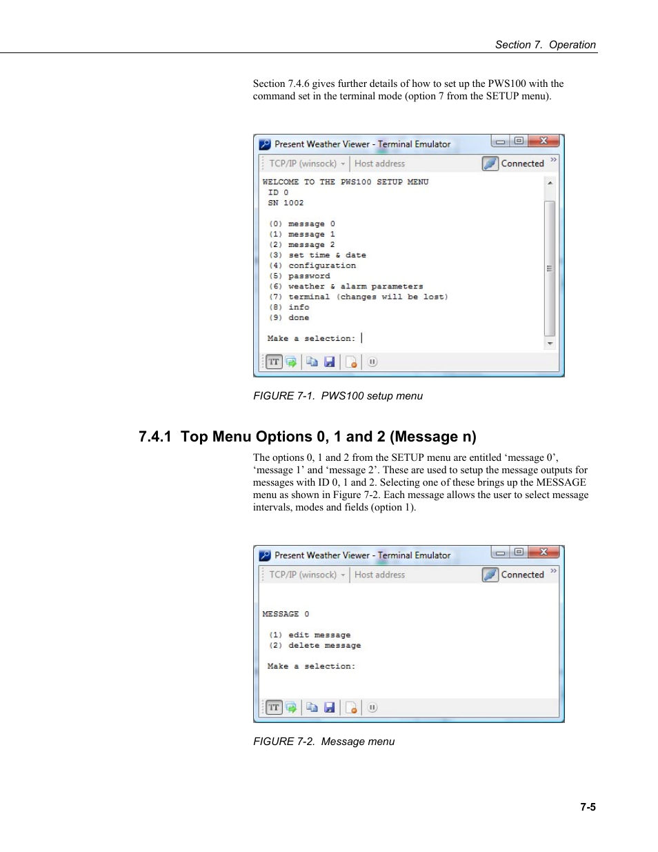 1 top menu options 0, 1 and 2 (message n) | Campbell Scientific PWS100 Present Weather Sensor User Manual | Page 41 / 134