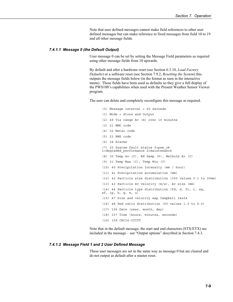 1 message 0 (the default output), 2 message field 1 and 2 user defined message | Campbell Scientific PWS100 Present Weather Sensor User Manual | Page 45 / 134