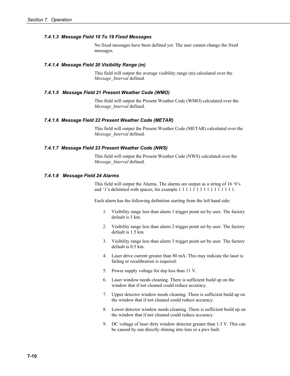 3 message field 10 to 19 fixed messages, 4 message field 20 visibility range (m), 5 message field 21 present weather code (wmo) | 6 message field 22 present weather code (metar), 7 message field 23 present weather code (nws), 8 message field 24 alarms | Campbell Scientific PWS100 Present Weather Sensor User Manual | Page 46 / 134