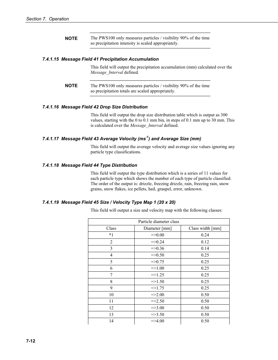 15 message field 41 precipitation accumulation, 16 message field 42 drop size distribution, 18 message field 44 type distribution | Campbell Scientific PWS100 Present Weather Sensor User Manual | Page 48 / 134