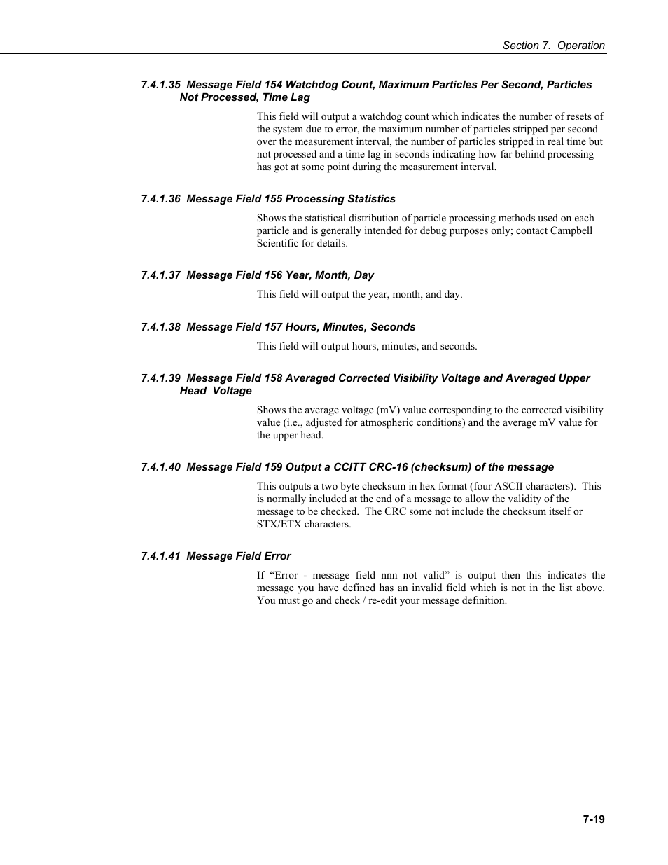 36 message field 155 processing statistics, 37 message field 156 year, month, day, 38 message field 157 hours, minutes, seconds | 41 message field error | Campbell Scientific PWS100 Present Weather Sensor User Manual | Page 55 / 134