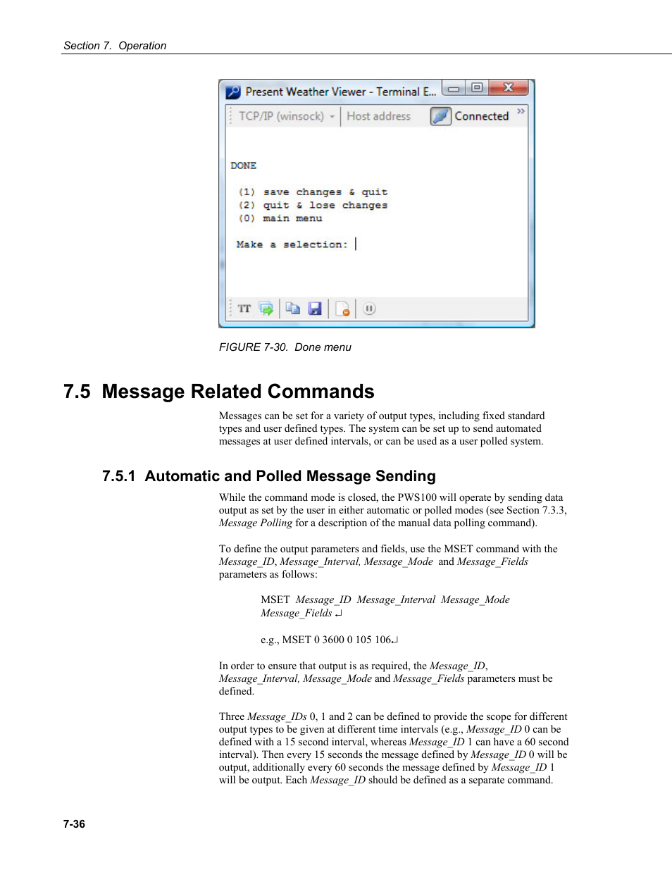 5 message related commands, 1 automatic and polled message sending | Campbell Scientific PWS100 Present Weather Sensor User Manual | Page 72 / 134