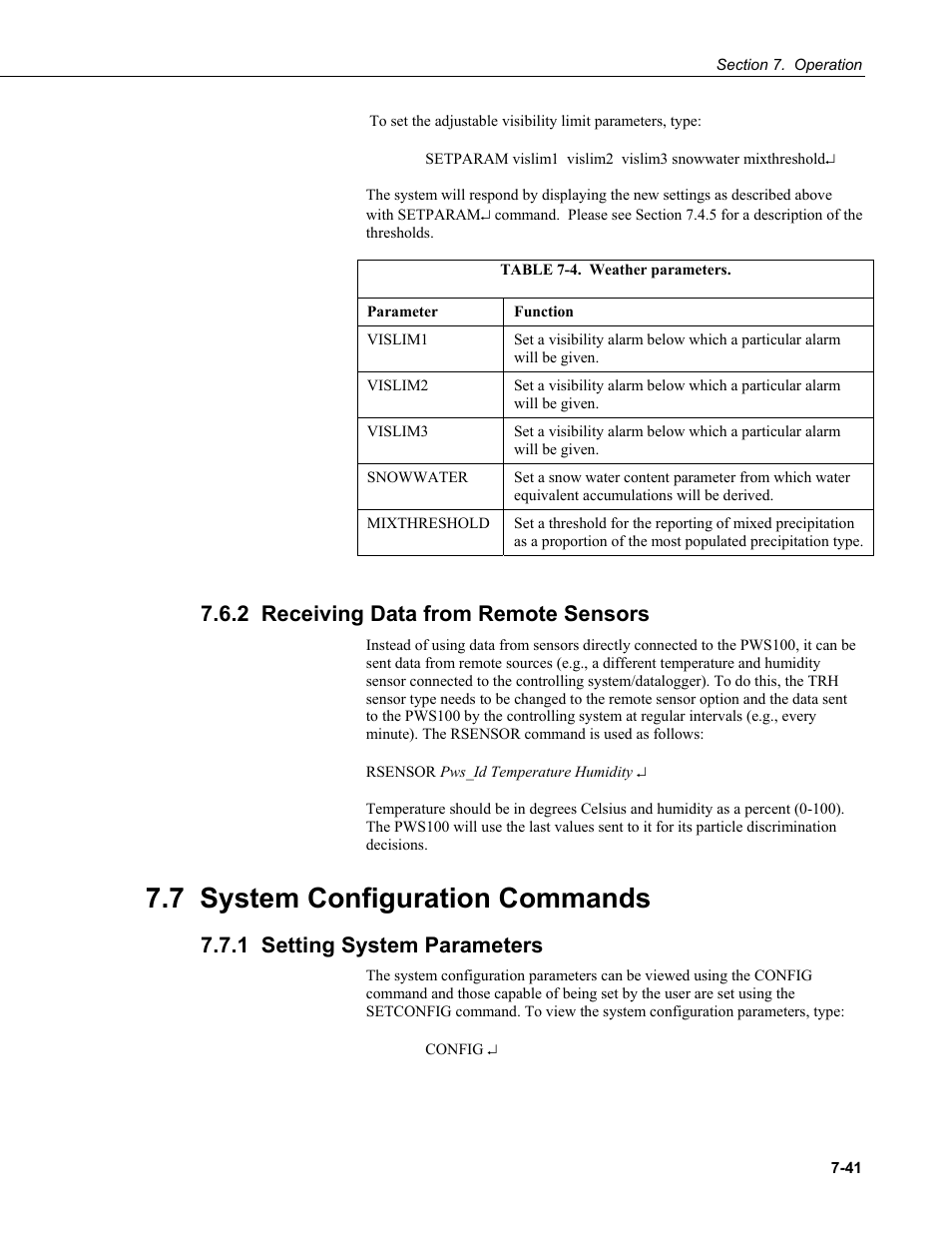 2 receiving data from remote sensors, 7 system configuration commands, 1 setting system parameters | Campbell Scientific PWS100 Present Weather Sensor User Manual | Page 77 / 134