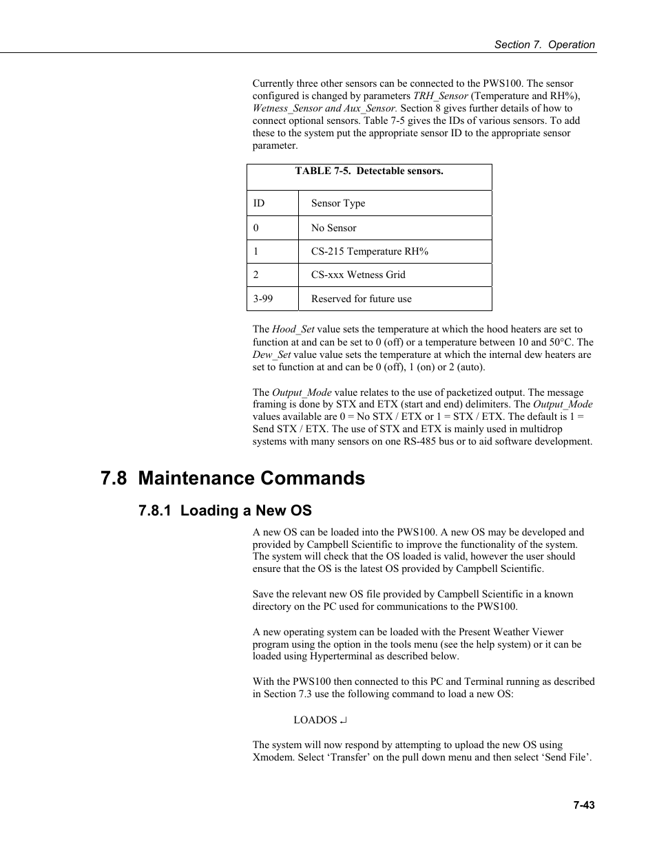 8 maintenance commands, 1 loading a new os | Campbell Scientific PWS100 Present Weather Sensor User Manual | Page 79 / 134