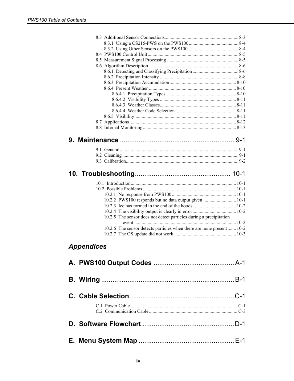 Maintenance -1, Troubleshooting -1 | Campbell Scientific PWS100 Present Weather Sensor User Manual | Page 8 / 134