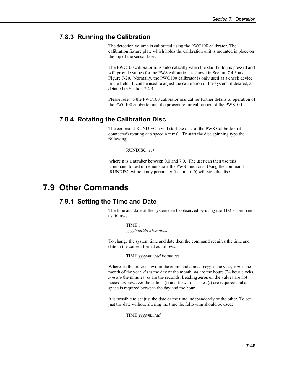 3 running the calibration, 4 rotating the calibration disc, 9 other commands | 1 setting the time and date | Campbell Scientific PWS100 Present Weather Sensor User Manual | Page 81 / 134