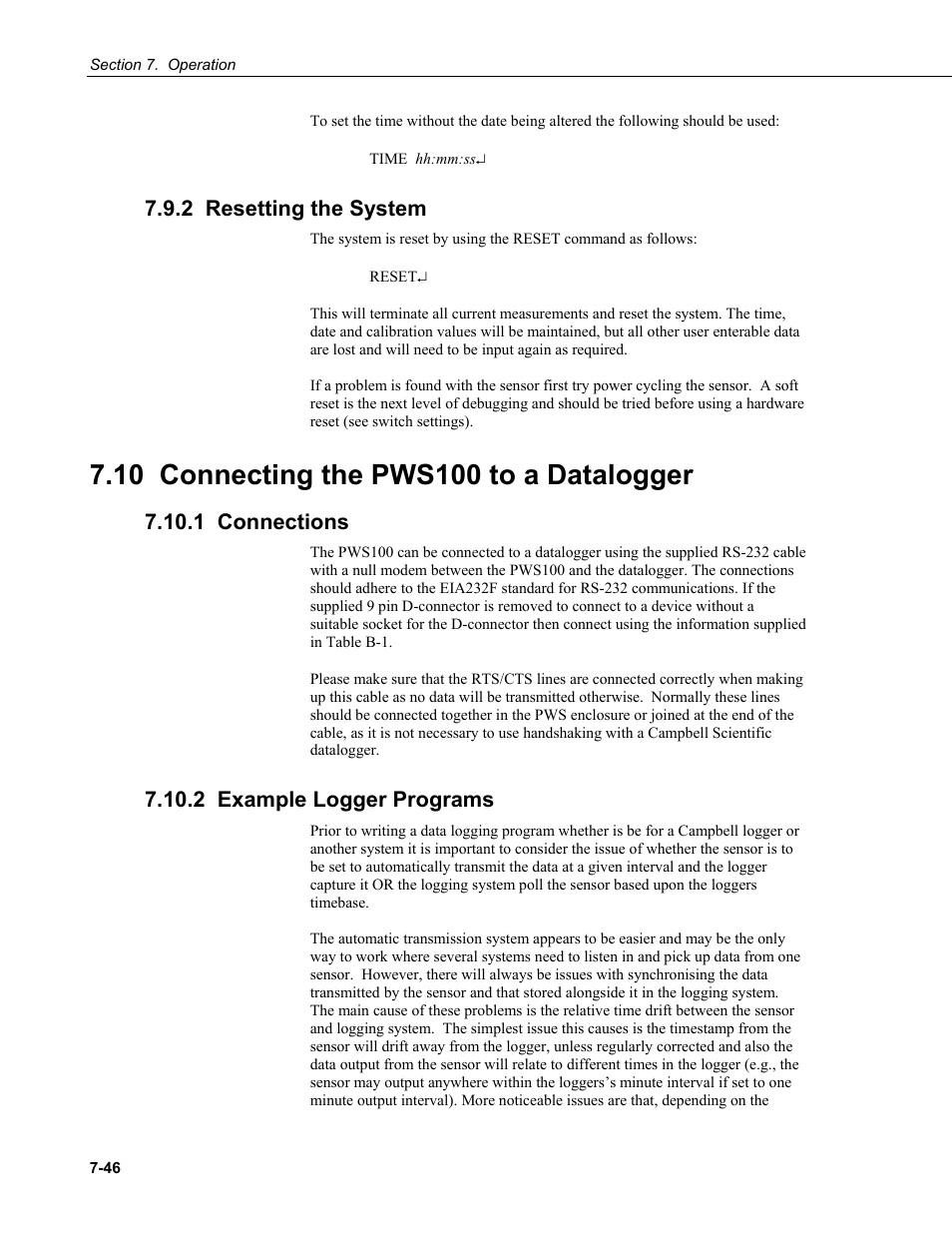 2 resetting the system, 10 connecting the pws100 to a datalogger, 1 connections | 2 example logger programs | Campbell Scientific PWS100 Present Weather Sensor User Manual | Page 82 / 134