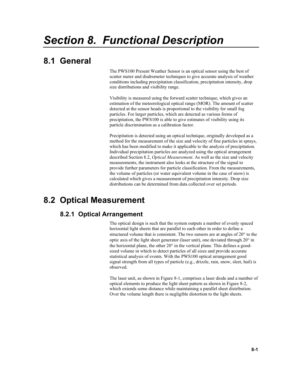 Section 8. functional description, 1 general, 2 optical measurement | 1 optical arrangement | Campbell Scientific PWS100 Present Weather Sensor User Manual | Page 87 / 134