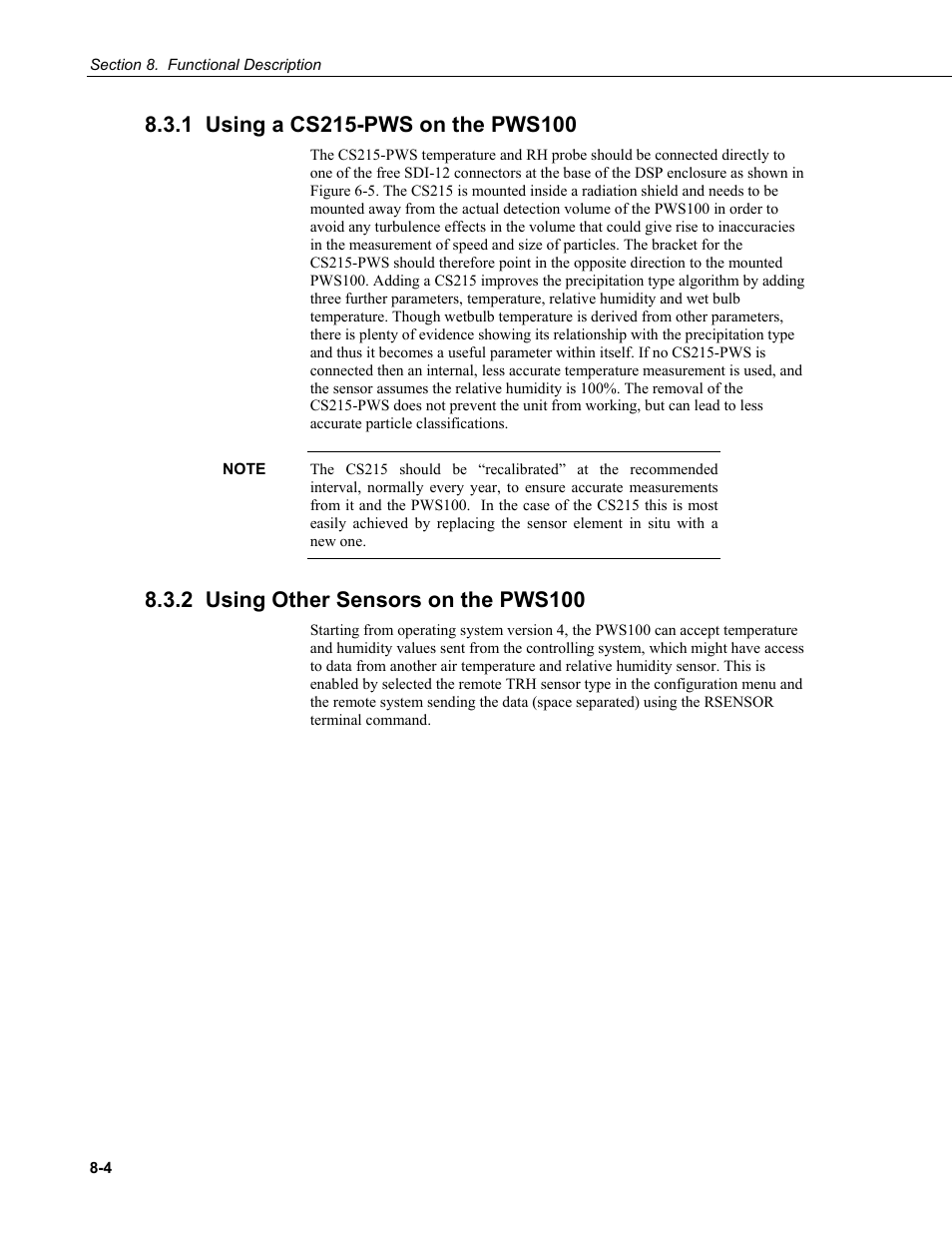1 using a cs215-pws on the pws100, 2 using other sensors on the pws100 | Campbell Scientific PWS100 Present Weather Sensor User Manual | Page 90 / 134