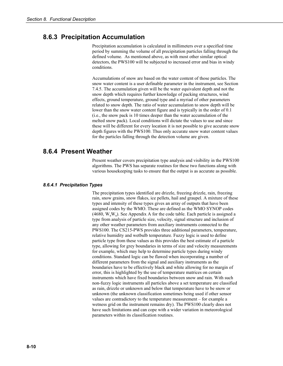 3 precipitation accumulation, 4 present weather, 1 precipitation types | Campbell Scientific PWS100 Present Weather Sensor User Manual | Page 96 / 134