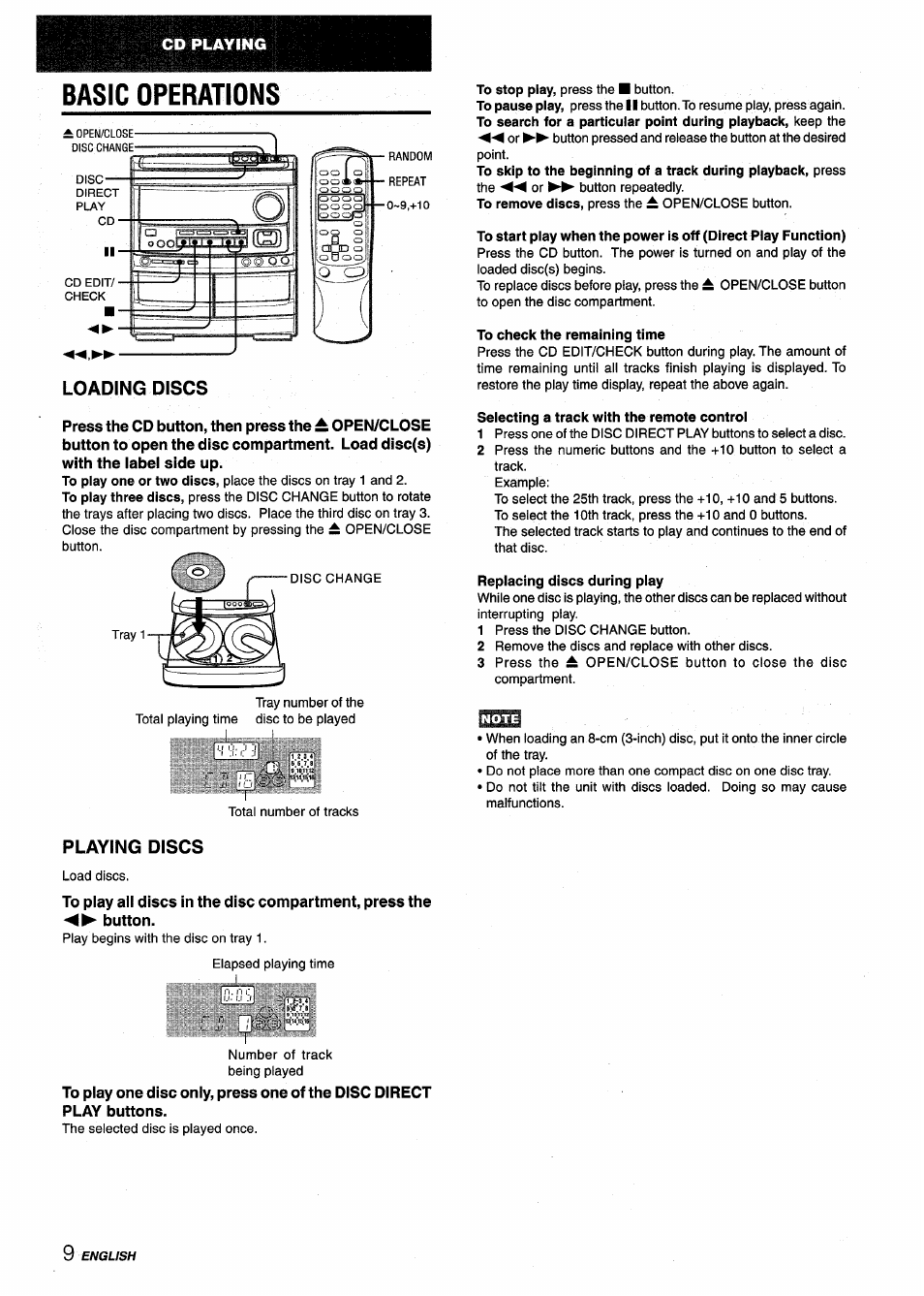 Basic operations, Loading discs, Playing discs | Aiwa NSX-V9000 User Manual | Page 10 / 72