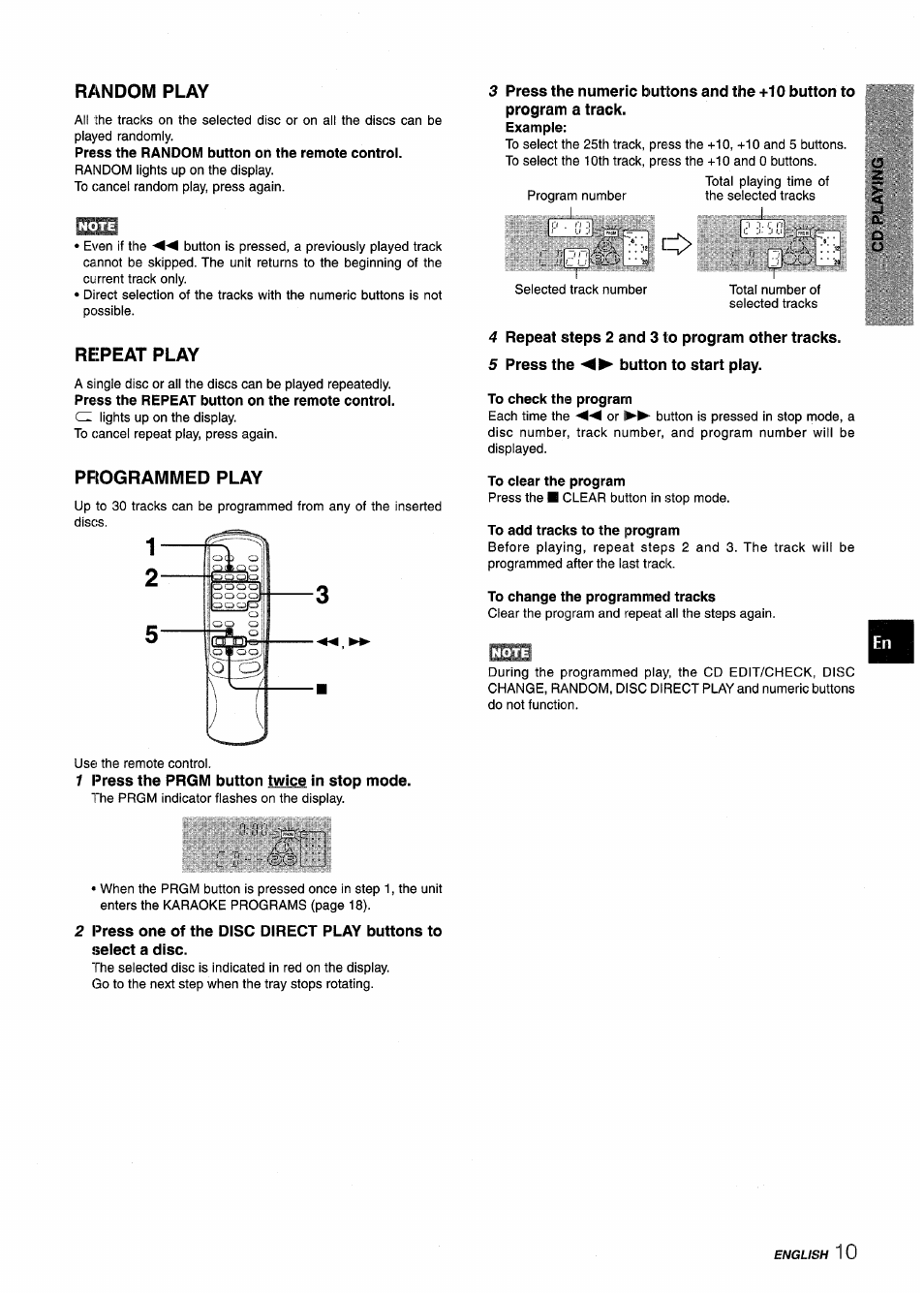 Random play, Repeat play, Programmed play | 1 press the prgm button twice in stop mode, 4 repeat steps 2 and 3 to program other tracks, 5 press the button to start play, Iiiliillii | Aiwa NSX-V9000 User Manual | Page 11 / 72