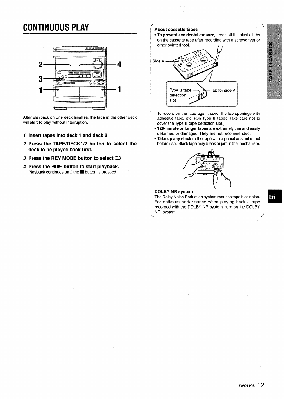 Continuous play, 1 insert tapes into deck 1 and deck 2, 3 press the rev mode button to select z.') | 4 press the -o- button to start playback | Aiwa NSX-V9000 User Manual | Page 13 / 72