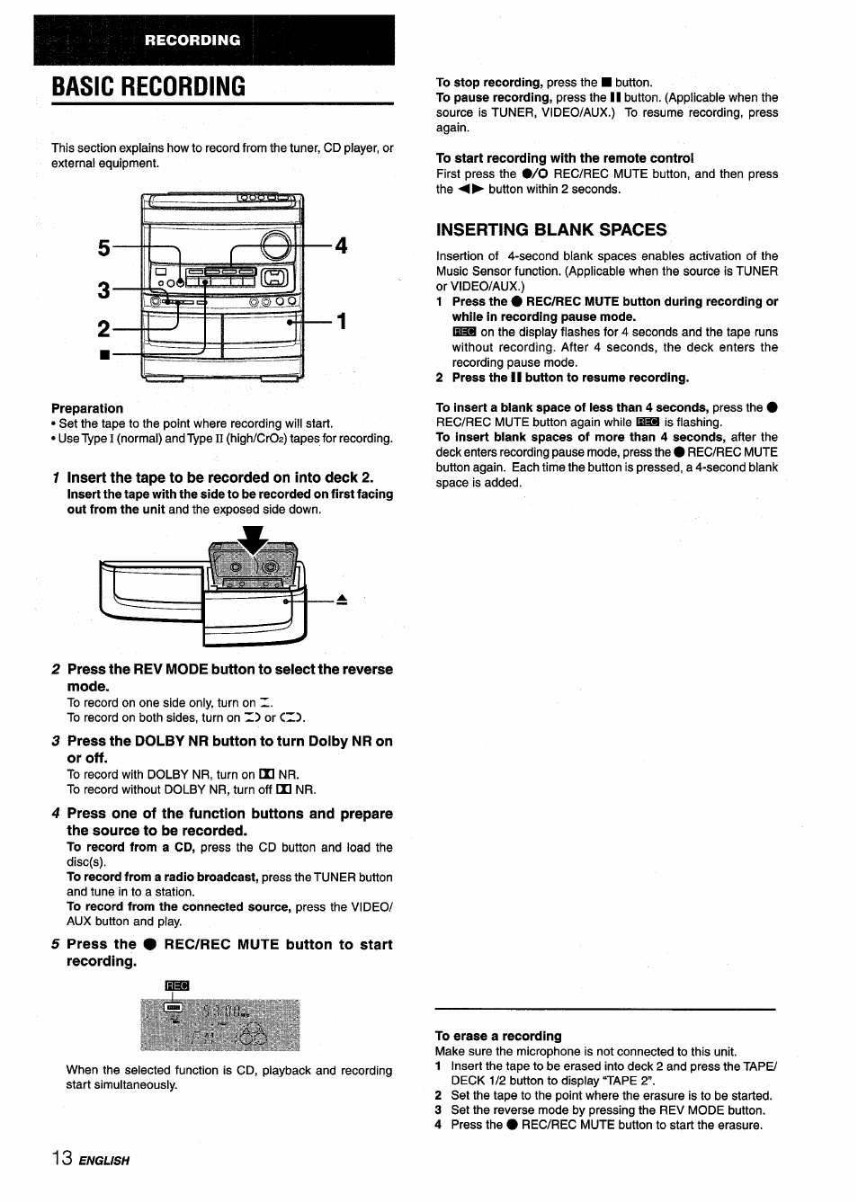Basic recording, Recording | Aiwa NSX-V9000 User Manual | Page 14 / 72