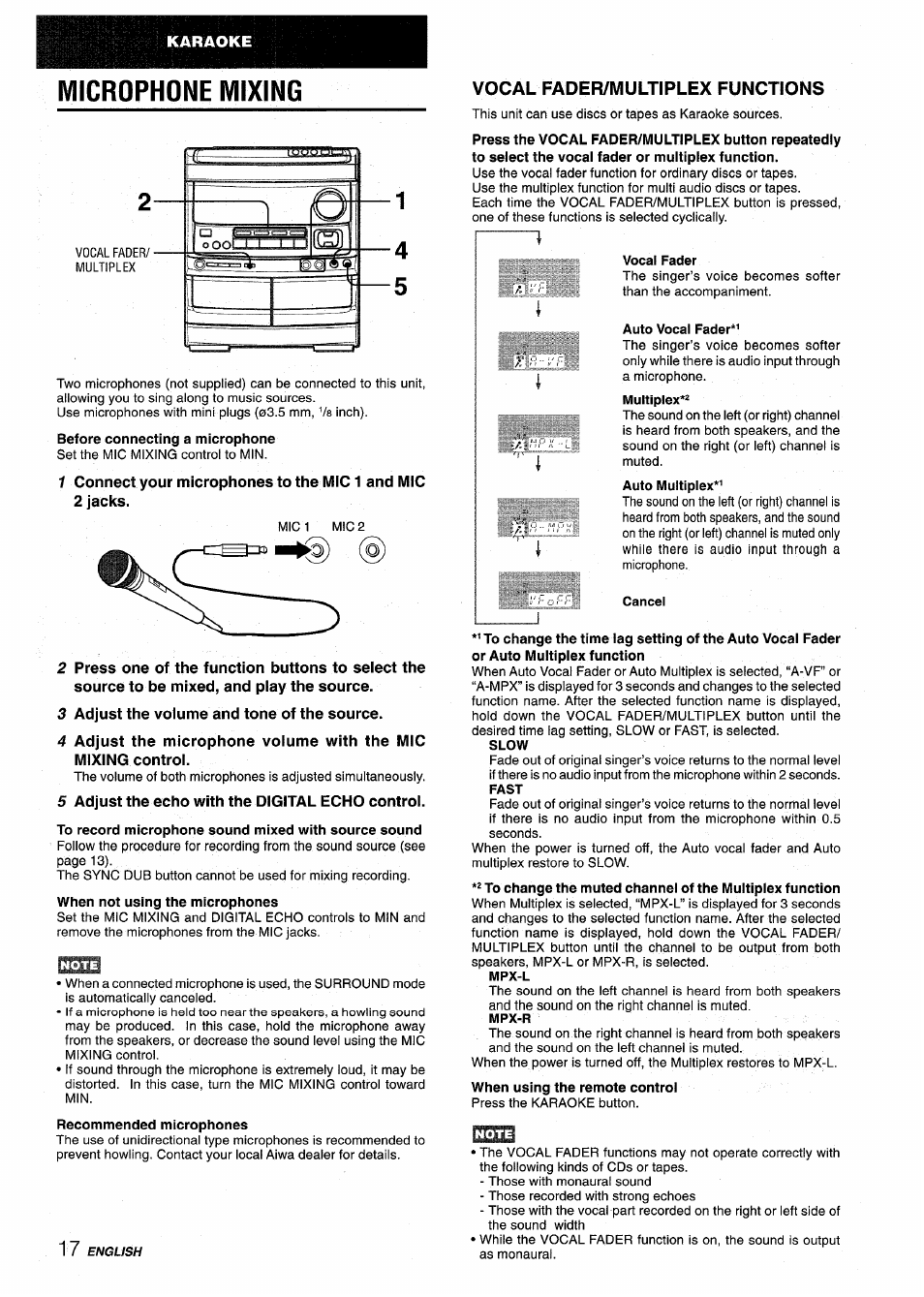 Microphone mixing, 3 adjust the volume and tone of the source, 5 adjust the echo with the digital echo control | Aiwa NSX-V9000 User Manual | Page 18 / 72